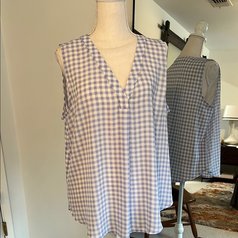 Ann Taylor Blue Checkered Sleeveless Blouse
